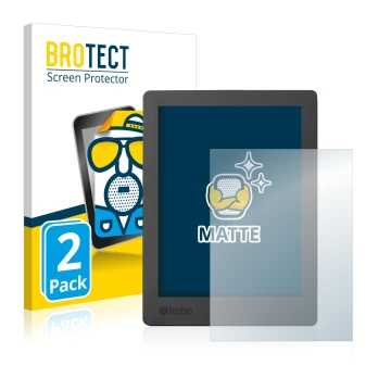 Front side of a product packaging with the brand logo BROTECT. Next to it is the device Kobo Aura H2O Edition 2 shown with the