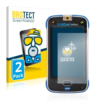 Front side of a product packaging with the brand logo BROTECT. Next to it is the device Vtech Kidicom Max shown with the corre