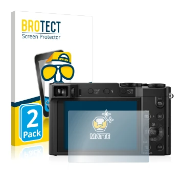 Front side of a product packaging with the brand logo BROTECT. Next to it is the device Panasonic Lumix DMC-TZ100 shown with t