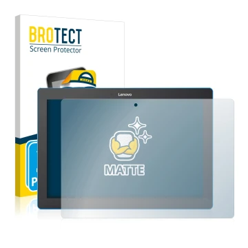 Front side of a product packaging with the brand logo BROTECT. Next to it is the device Lenovo Tab 10 TB-X103F shown with the 