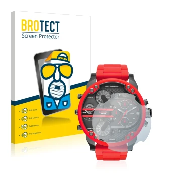Front side of a product packaging with the brand logo BROTECT. Next to it is the device Diesel DZ7370 shown with the correspon