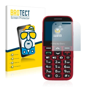 Front side of a product packaging with the brand logo BROTECT. Next to it is the device Doro Primo 366 shown with the correspo