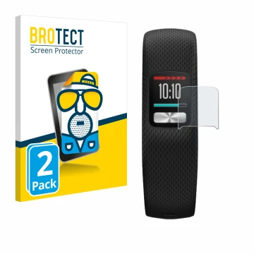 Front side of a product packaging with the brand logo BROTECT. Next to it is the device Garmin Vivofit 4 shown with the corres
