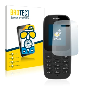 Front side of a product packaging with the brand logo BROTECT. Next to it is the device Nokia 105 2017 shown with the correspo