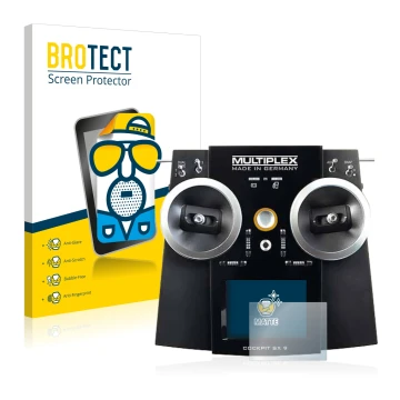 Front side of a product packaging with the brand logo BROTECT. Next to it is the device Multiplex Cockpit SX9 shown with the c