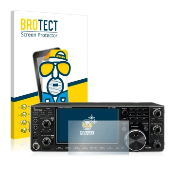Front side of a product packaging with the brand logo BROTECT. Next to it is the device Icom IC-7610 shown with the correspond