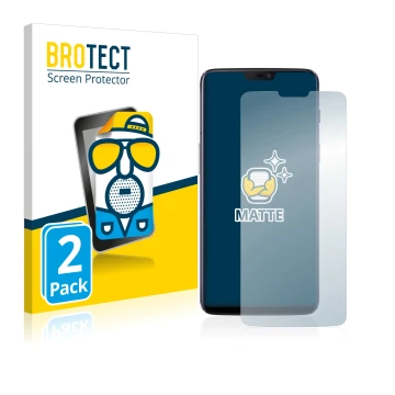 Front side of a product packaging with the brand logo BROTECT. Next to it is the device OnePlus 6 shown with the corresponding