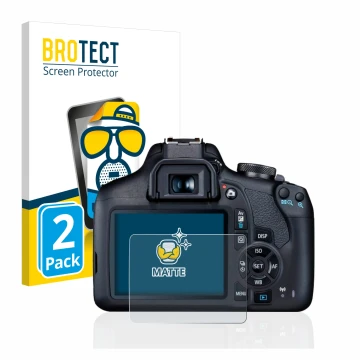 Front side of a product packaging with the brand logo BROTECT. Next to it is the device Canon EOS 2000D shown with the corresp