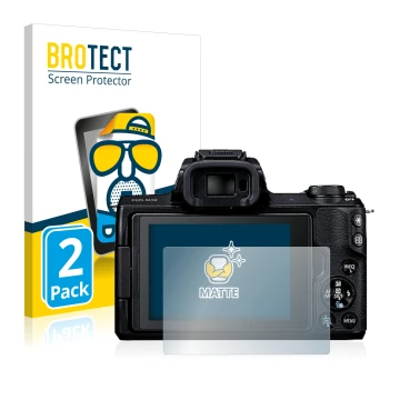 Front side of a product packaging with the brand logo BROTECT. Next to it is the device Canon EOS M50 shown with the correspon