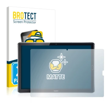 Front side of a product packaging with the brand logo BROTECT. Next to it is the device Huawei MediaPad M5 10.8 shown with the