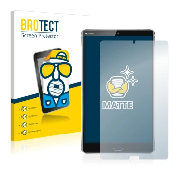 Front side of a product packaging with the brand logo BROTECT. Next to it is the device Huawei MediaPad M5 8.4 shown with the 