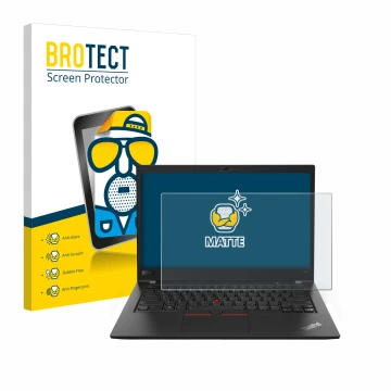 Front side of a product packaging with the brand logo BROTECT. Next to it is the device Lenovo ThinkPad T480s shown with the c