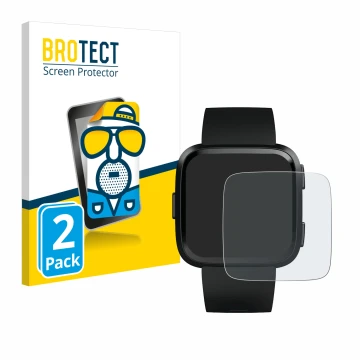 Front side of a product packaging with the brand logo BROTECT. Next to it is the device Fitbit Versa shown with the correspond