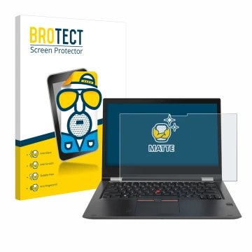 Front side of a product packaging with the brand logo BROTECT. Next to it is the device Lenovo ThinkPad Yoga X380 shown with t