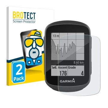 Front side of a product packaging with the brand logo BROTECT. Next to it is the device Garmin Edge 130 shown with the corresp