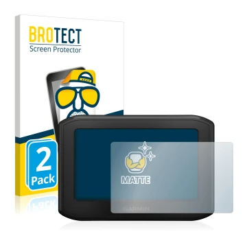 Front side of a product packaging with the brand logo BROTECT. Next to it is the device Garmin zumo 396 LMT-S shown with the c