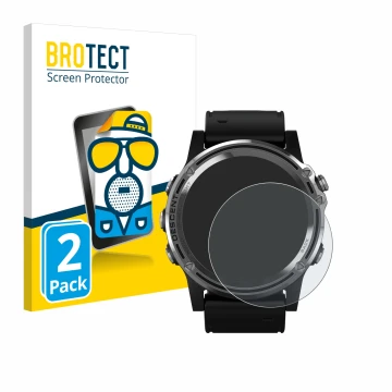 Front side of a product packaging with the brand logo BROTECT. Next to it is the device Garmin Descent Mk1 shown with the corr