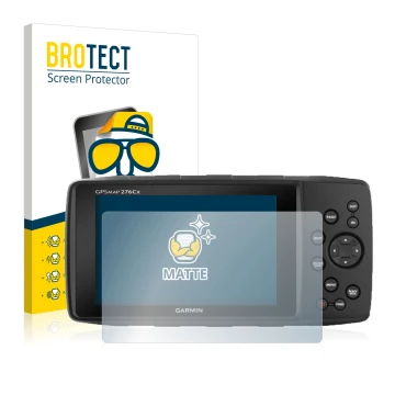 Front side of a product packaging with the brand logo BROTECT. Next to it is the device Garmin GPSMAP 276Cx shown with the cor
