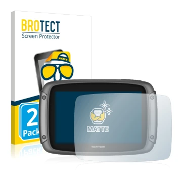 Front side of a product packaging with the brand logo BROTECT. Next to it is the device TomTom Rider 500 shown with the corres