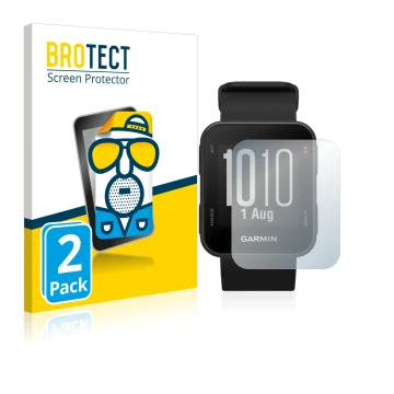 Front side of a product packaging with the brand logo BROTECT. Next to it is the device Garmin Approach S10 shown with the cor