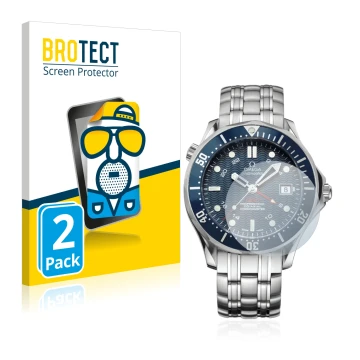 Front side of a product packaging with the brand logo BROTECT. Next to it is the device Omega Seamaster Diver (41 mm) shown wi
