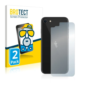 Front side of a product packaging with the brand logo BROTECT. Next to it is the device Apple iPhone SE 2 2020 (Back) shown wi
