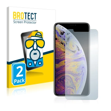 Front side of a product packaging with the brand logo BROTECT. Next to it is the device Apple iPhone Xs Max shown with the cor