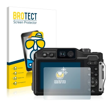 Front side of a product packaging with the brand logo BROTECT. Next to it is the device Panasonic Lumix DC-FT7 shown with the 