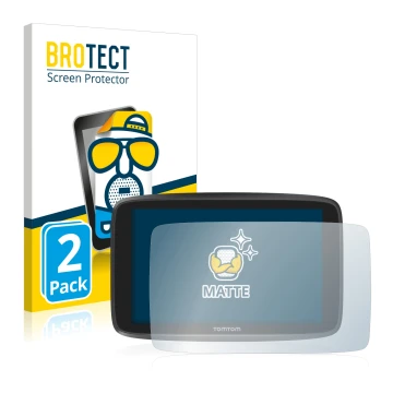 Front side of a product packaging with the brand logo BROTECT. Next to it is the device TomTom GO Camper shown with the corres
