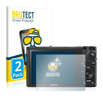 Front side of a product packaging with the brand logo BROTECT. Next to it is the device Sony Cyber-Shot DSC-RX100 VI shown wit