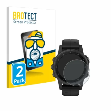 Front side of a product packaging with the brand logo BROTECT. Next to it is the device Garmin Fenix 5S Plus (42 mm) shown wit