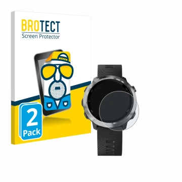 Front side of a product packaging with the brand logo BROTECT. Next to it is the device Garmin Forerunner 645 Music shown with