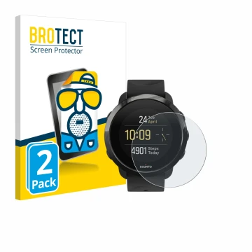 Front side of a product packaging with the brand logo BROTECT. Next to it is the device Suunto 3 Fitness shown with the corres