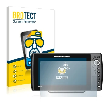 Front side of a product packaging with the brand logo BROTECT. Next to it is the device Humminbird Helix 10 shown with the cor