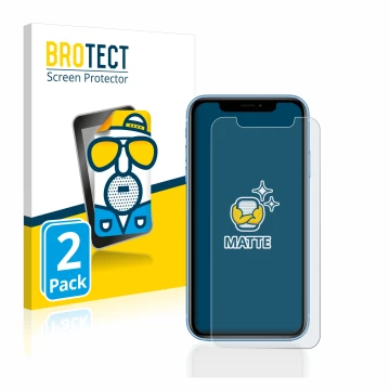 Front side of a product packaging with the brand logo BROTECT. Next to it is the device Apple iPhone XR shown with the corresp
