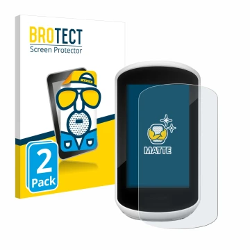 Front side of a product packaging with the brand logo BROTECT. Next to it is the device Garmin Edge Explore 2018 shown with th