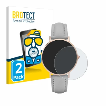 Front side of a product packaging with the brand logo BROTECT. Next to it is the device Cluse La Boheme (38 mm) shown with the