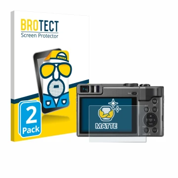 Front side of a product packaging with the brand logo BROTECT. Next to it is the device Panasonic Lumix DC-TZ90 shown with the