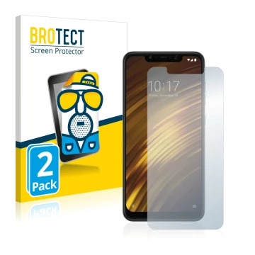 Front side of a product packaging with the brand logo BROTECT. Next to it is the device Xiaomi Pocophone F1 shown with the cor