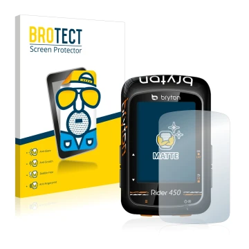 Front side of a product packaging with the brand logo BROTECT. Next to it is the device Bryton Rider 450 shown with the corres