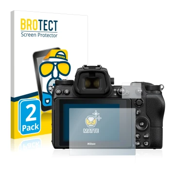 Front side of a product packaging with the brand logo BROTECT. Next to it is the device Nikon Z 6 shown with the corresponding