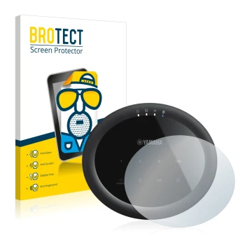 Front side of a product packaging with the brand logo BROTECT. Next to it is the device Yamaha MusicCast 20 shown with the cor