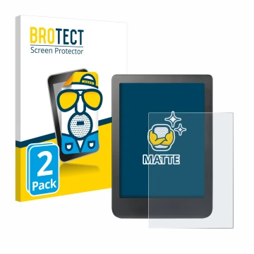 Front side of a product packaging with the brand logo BROTECT. Next to it is the device Kobo Clara HD (6