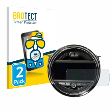 Front side of a product packaging with the brand logo BROTECT. Next to it is the device Mini Cooper F56 (8.8