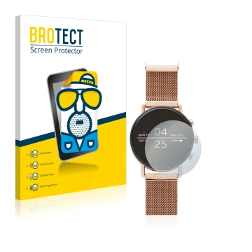Front side of a product packaging with the brand logo BROTECT. Next to it is the device Skagen Smartwatch Falster 40mm shown w