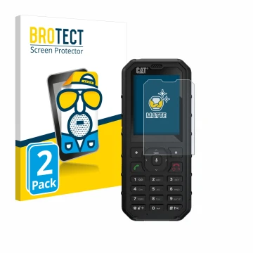 Front side of a product packaging with the brand logo BROTECT. Next to it is the device Caterpillar Cat B35 shown with the cor