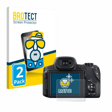 Front side of a product packaging with the brand logo BROTECT. Next to it is the device Canon PowerShot SX70 HS shown with the