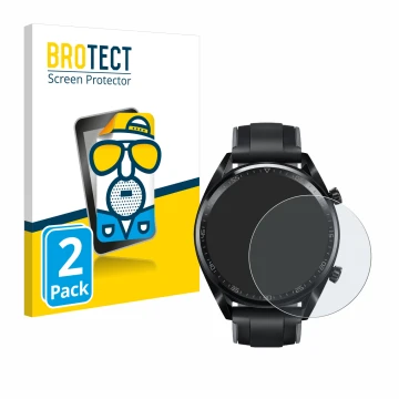 Front side of a product packaging with the brand logo BROTECT. Next to it is the device Huawei Watch GT (46 mm) 2018 shown wit
