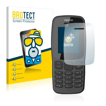 Front side of a product packaging with the brand logo BROTECT. Next to it is the device Nokia 106 2018 shown with the correspo