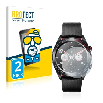 Front side of a product packaging with the brand logo BROTECT. Next to it is the device Honor Watch Magic shown with the corre